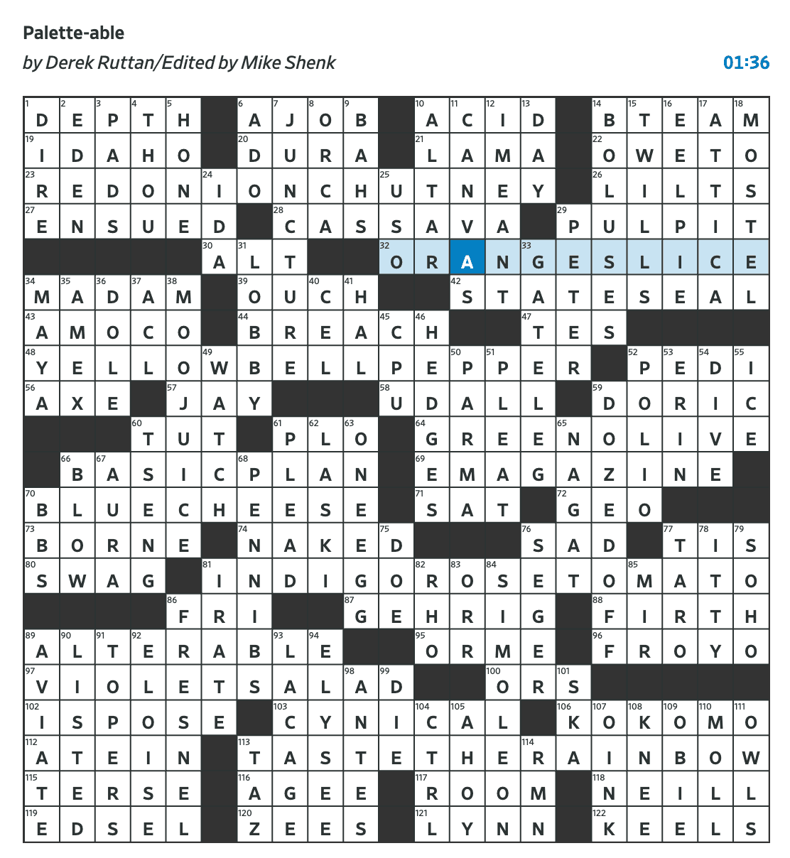 A large, solved crossword puzzle
